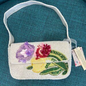 Handcrafted in India Tropical Floral Beaded Shoulder Bag Whte NWT